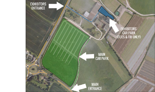 Warwickshire Event Centre parking plan showing the main entrance, main car park, exhibitors’ entrance and exhibitors’ car park